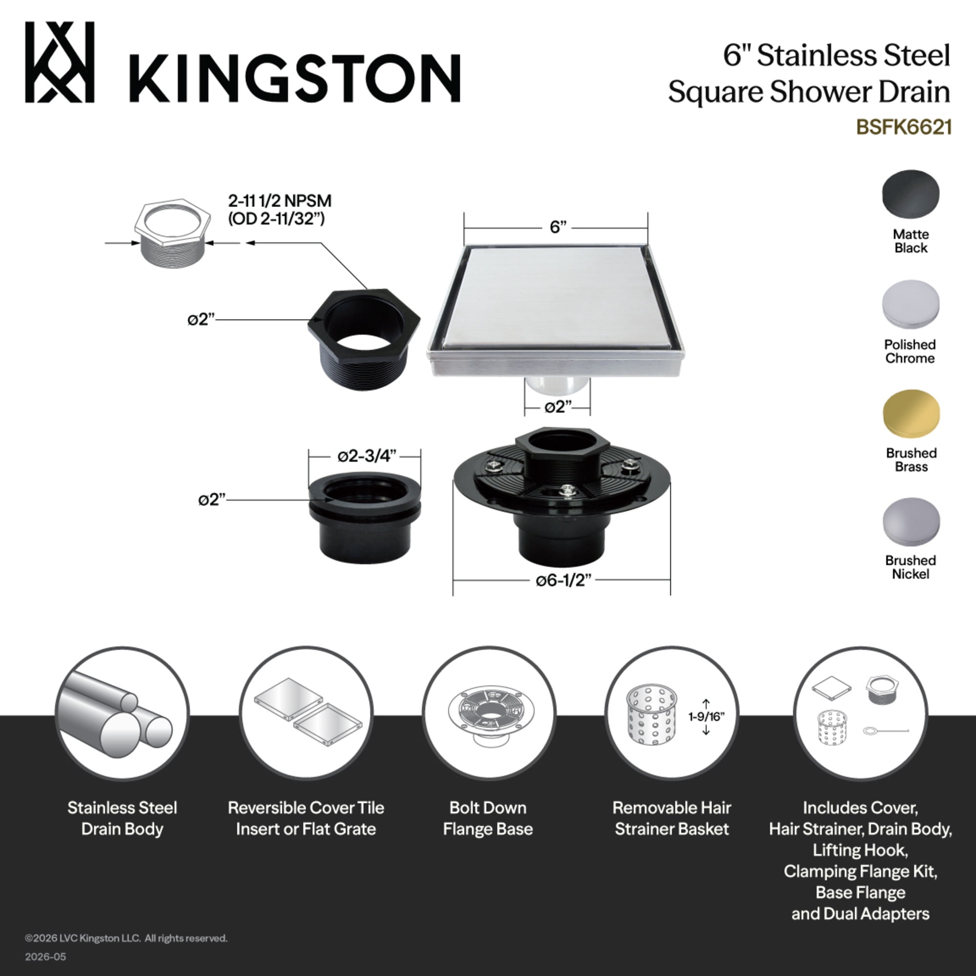 Kingston Brass BSFK6621 Watercourse 6-Inch Stainless Steel Square Shower Drain with Flange in Polished Chrome