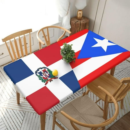 

Table Cover Elastic Edged Half Dominican Republic Half Puerto Rico Flag Waterproof Wipeable Patio Table Cloths for 5 Ft Rectangle Table