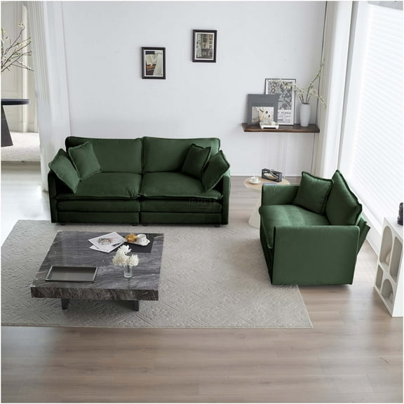 JERFIT Green Chenille 2-Piece Sofa Set, Loveseat and Accent Chair, Modern Upholstered Living Room Furniture for Small Spaces