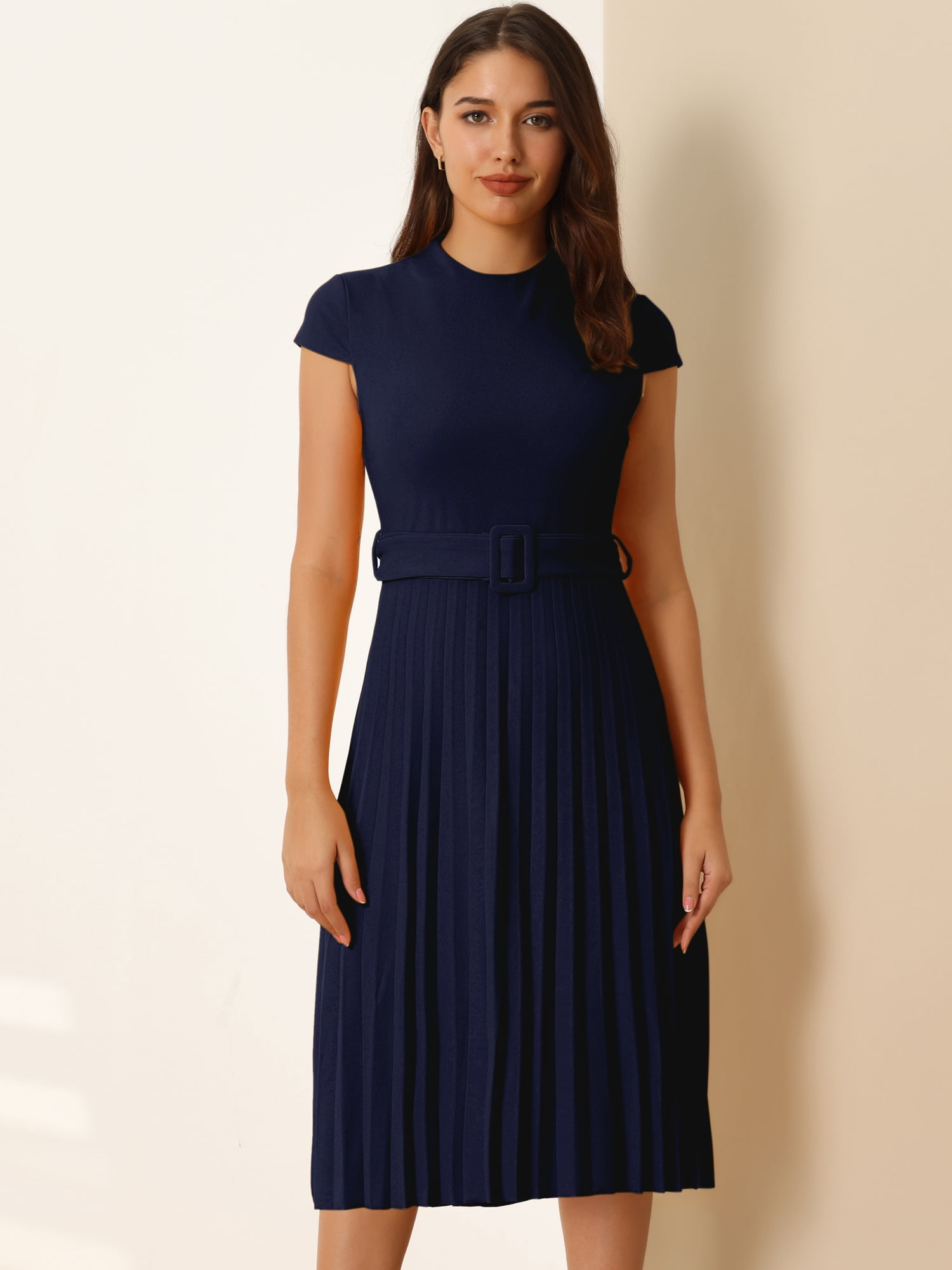 DARING DIVA Women's Mock Neck Cap Sleeve Belted A-Line Dress S Dark Blue