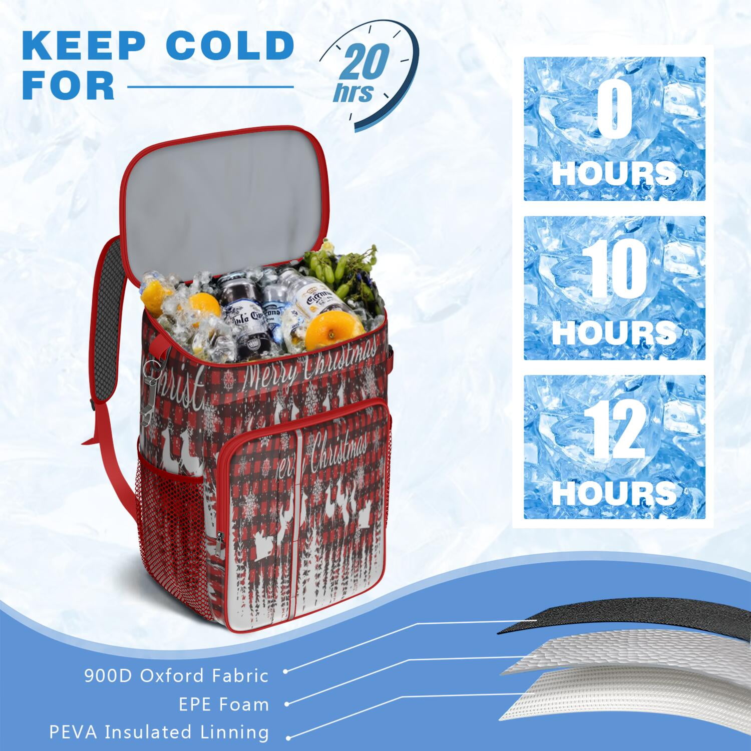 Travel Cooler Bag - Red Christmas Pattern Camping Beer Cooler Backpack with Bottle Opener- Waterproof Insulated Picnic Backpacks - Cooler Bag for Beach