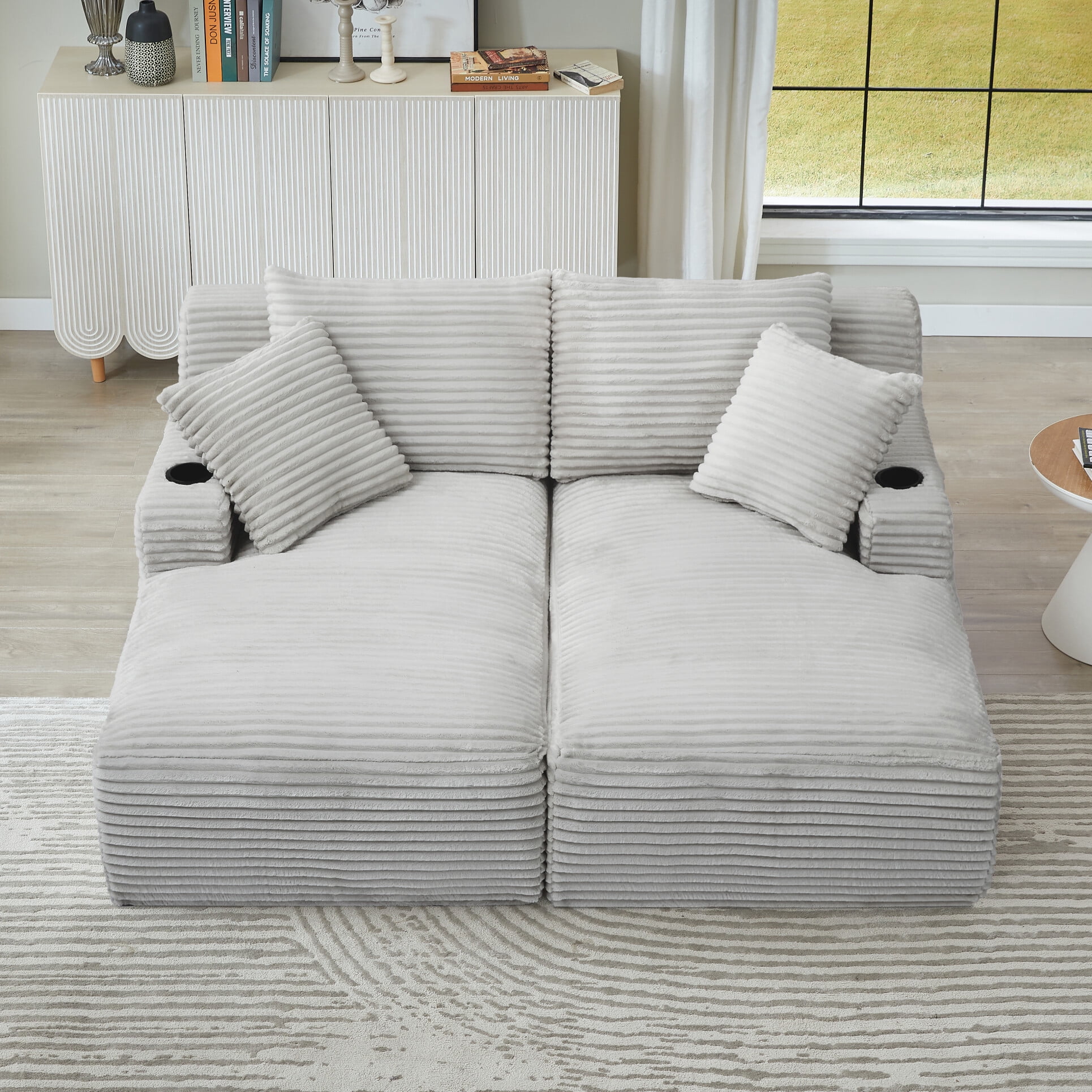 71" Oversized Double Chaise Lounges Indoor, Upholstered Corduroy Sofa Bed with Dual Cup Holders, Sectional Sleeper Loveseat for Living Room, Light Grey