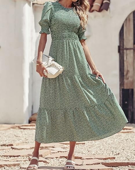 FreshPretty Women Casual Summer Dresses 2025 Spring Crew Neck Ruffle Short Sleeve Floral Print Smocked Boho Flowy Maxi Dress