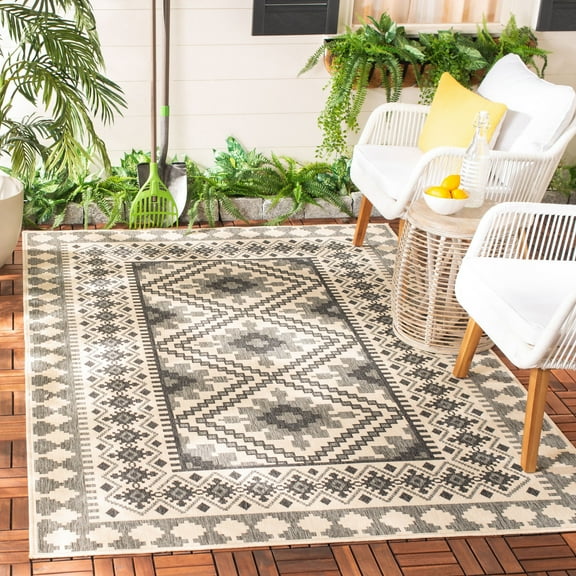 SAFAVIEH Veranda Magna Southwestern Indoor/Outdoor Area Rug, 6'7" x 9'6", Ivory/Slate