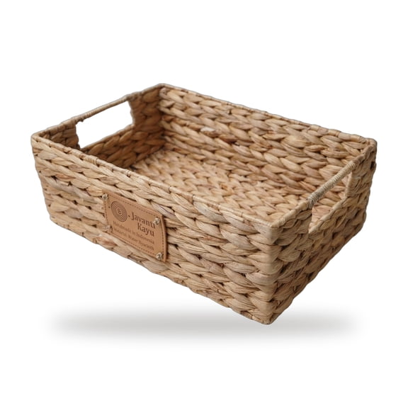 JAVANTI KAYU - Handmade Water Hyacinth Wicker Storage Basket with Handles – Rectangle Organizer Bin for Shelves, Blanket, Bathroom, Closet – Stackable – Decorative & Durable (1, S: 12" x 8" x 4")