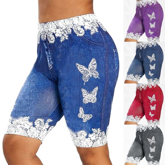 Trendfront Women's Plus Size High Waisted Butterfly Graphic Print Denim Style Shorts Lace Patchwork Slim Fit Bottoms