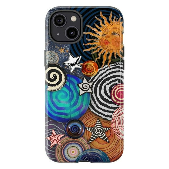 Psychedelic Spiral Sun Collage Phone Case, Trippy Cosmic Star Planet Aesthetic Protective Cover for iPhone 16 15 14 13 12 11 Pro Max Plus Mini