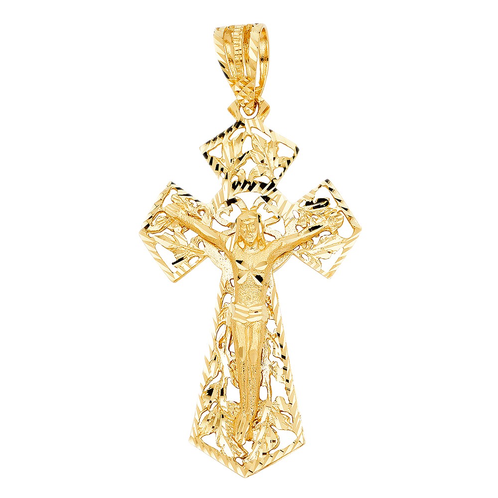 14k Yellow Gold Religious Medallion Cross Crucifix Charm Pendant 85mm