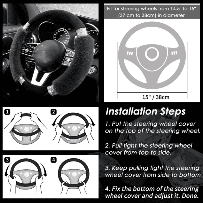 Rhinestone Fluffy Steering Wheel Cover Comfortable Non-Slip Luxury Faux Wool, Universal Fit for 14.5-15 Inches Steering Wheels