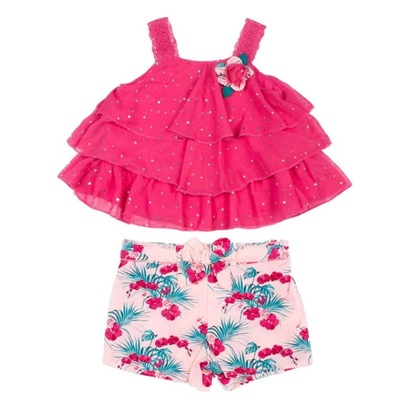 Infant Girls Baby Outfit Pink Rufle Sequin Tank Top Shirt & Floral Shorts 6-9m