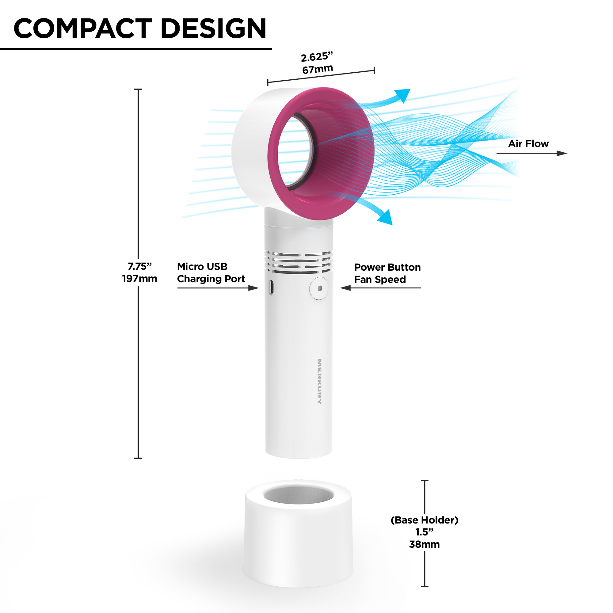 Buy Merkury Innovations Mini Bladeless Cooling Fan for Travel, Rechargeable with USB Cable, Pink