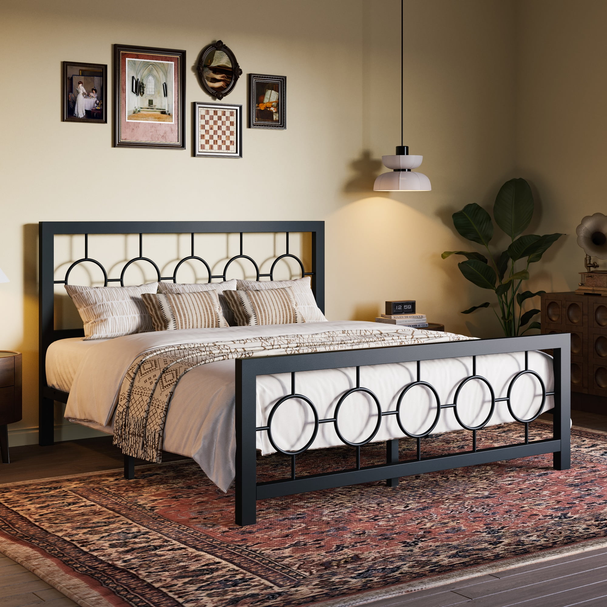 Sha Cerlin Black Queen Size Metal Platform Bed Frame with Vintage Headboard & Footboard, Adult