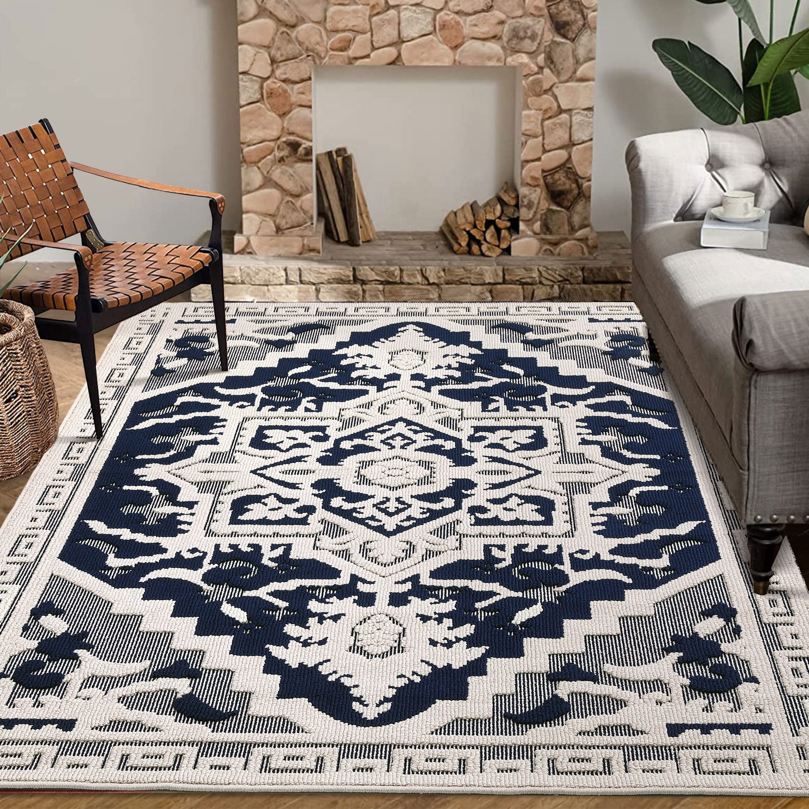 Hasoo Area Rug 5' x 8' Floral Area Rug for Living Room Shag Soft Indoor Floor Carpet, Navy