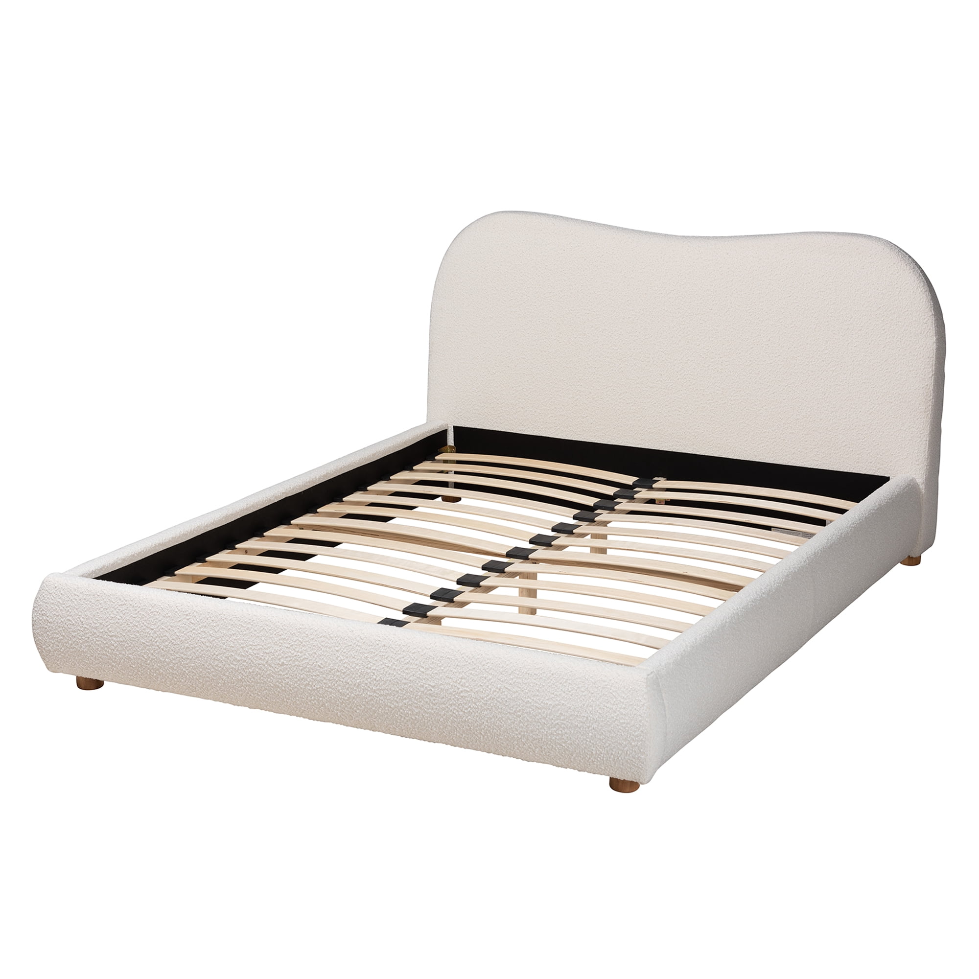 Baxton Studio Maya Mid-Century Modern Cream Boucle Fabric and Oak Brown Finished Wood Queen Size Platform Bed