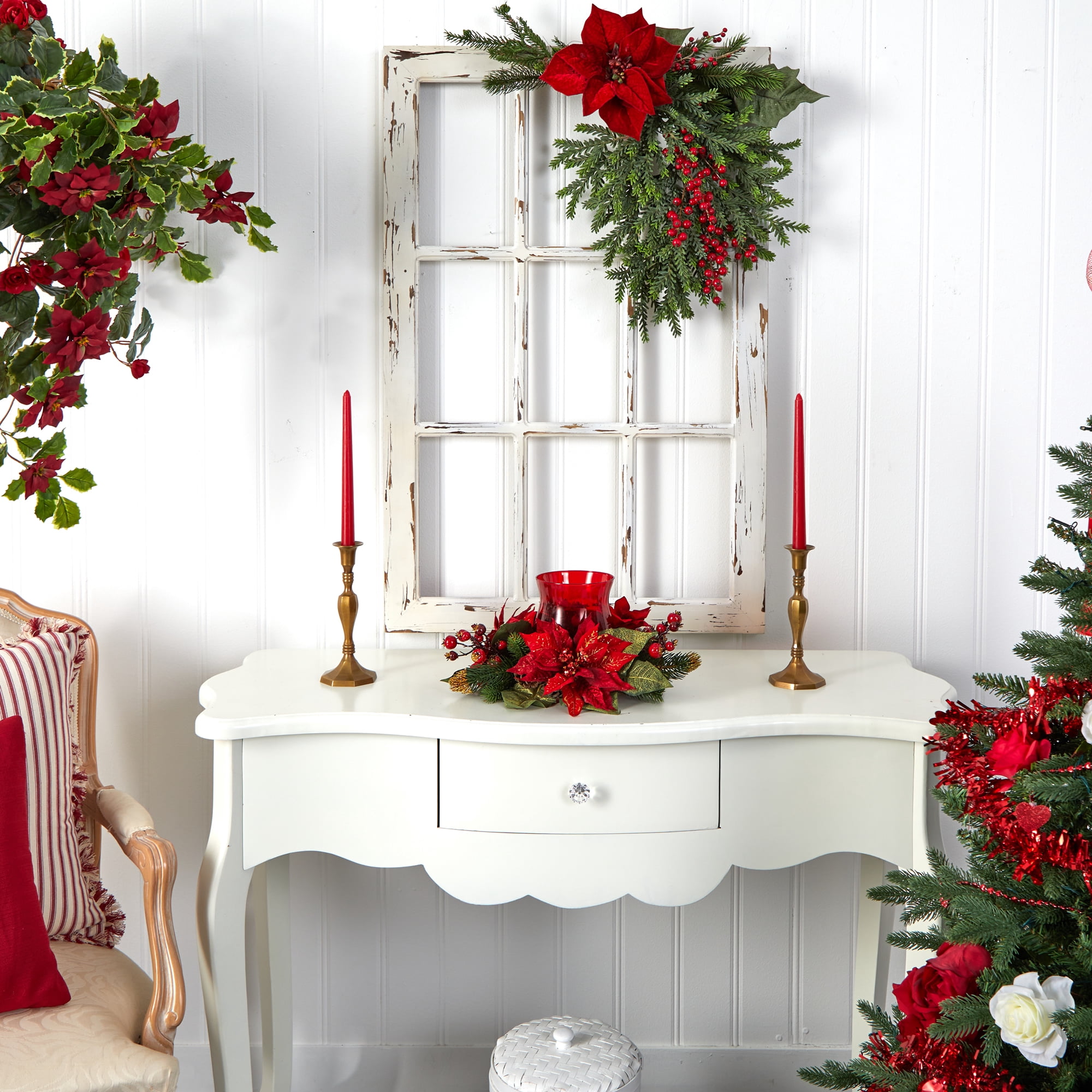 Nearly Natural Red 6.5" Poinsettia & Berry Candelabrum