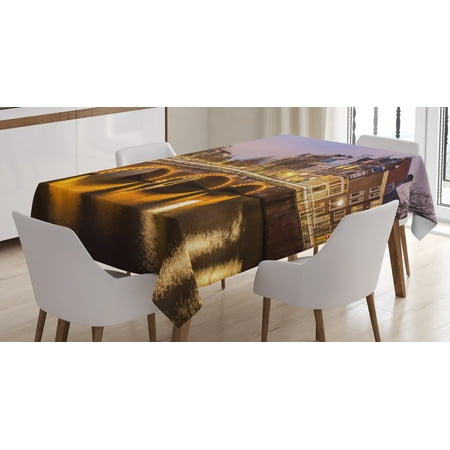 Rectangular Amber Ring - Landscape Tablecloth, Old Historical Bridge in Netherlands Twilight European Architecture Town Scenery, Rectangular Table Cover for Dining Room Kitchen, 52 X 70 Inches, Amber Lilac, by Ambesonne