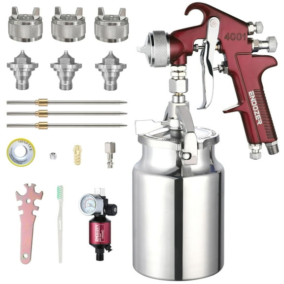 ENDOZER Professional Siphon Feed Spray Gun for Paint, Red Handle, 34 oz -1.4 1.7 2.0mm Nozzle for a Variety of Low Viscosity Paints