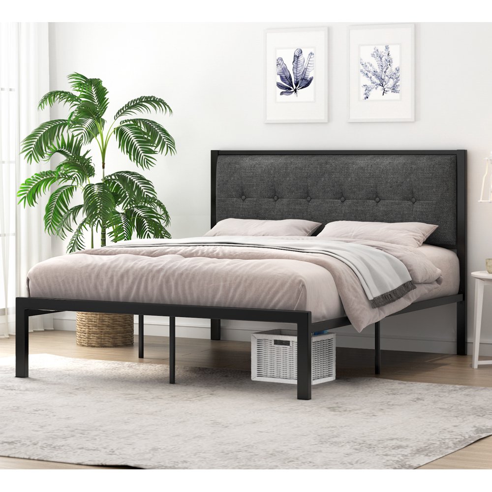 Amolife Queen Size Metal Platform Bed with Upholstered Button Tufted Headboard and 16 Strong