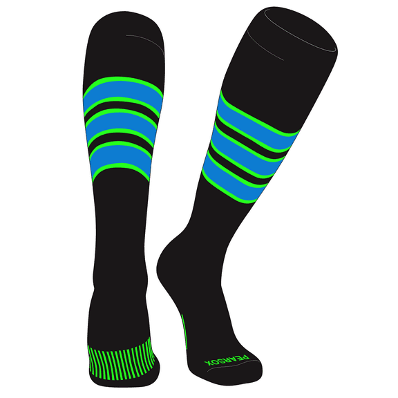 PEAR SOX Striped OTC Baseball, Softball, Football Socks (C) Black, Neon Green, Neon Blue