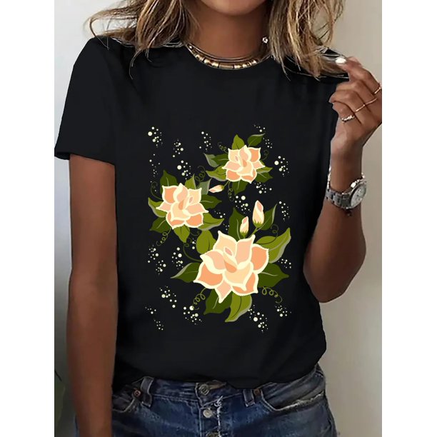 Camiseta de Verano para Mujer Suave Cuello RedondoPure Flowers, New Trendy Print, Spring/Summer Round Neck Short Sleeve Top, Women's Casual Sports T-sCamisetas de verano para mujer, manga corta, cue