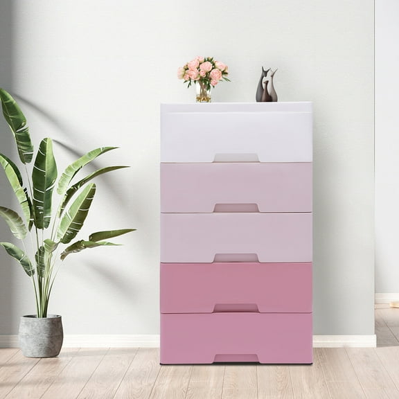 Plastic Drawers Storage Cart Mobile Cabinet with Casters, Tall Dressers Gradient Pink Stackable Vertical Storage, Large Containers Organizer