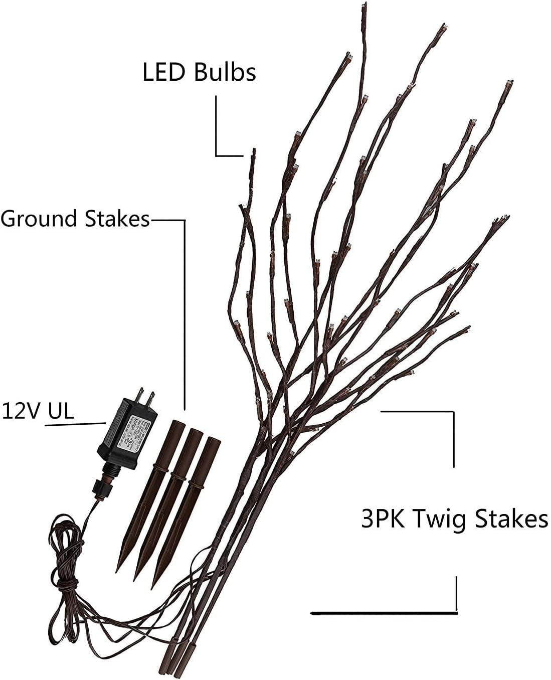 3PK 30" Brown Lighted Twig Branches Pathway Light 60 LED Warm White Bulbs for Outdoor and Indoor
