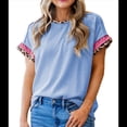 thumbnail image 1 of Camiseta de Verano para Mujer con Cuello Redondo, de Punto con Cordón y Estampado de Leopardo Azul M, 1 of 7
