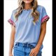 thumbnail image 1 of Camiseta de Verano para Mujer con Cuello Redondo, de Punto con Cordón y Estampado de Leopardo Azul M, 1 of 7