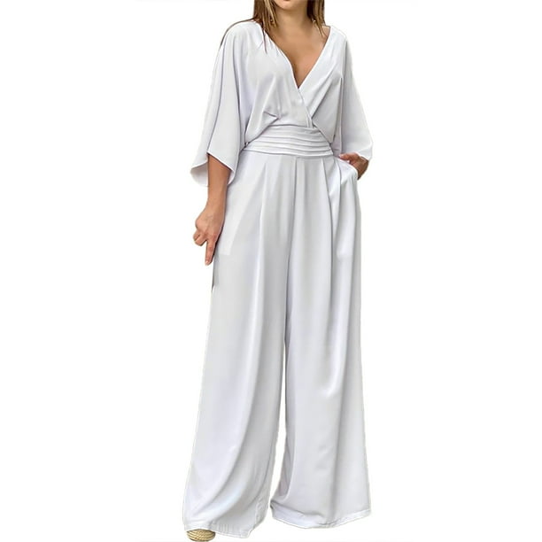 Mono elegante de color liso con cuello en V y cintura ajustada para mujer - Pantalones anchos y holgados, ideal para fiestas o la playa - Tallas S-XXXL