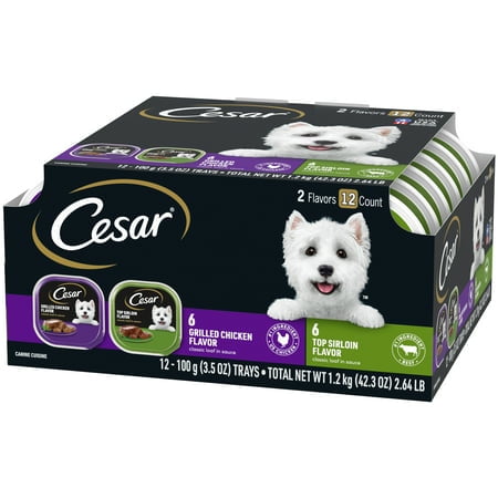 (6 pack) Cesar Loaf In Sauce Beef And Chicken Flavors Adult Wet Dog Food Variety Pack, 3.5 Oz Trays, 12 Ct.