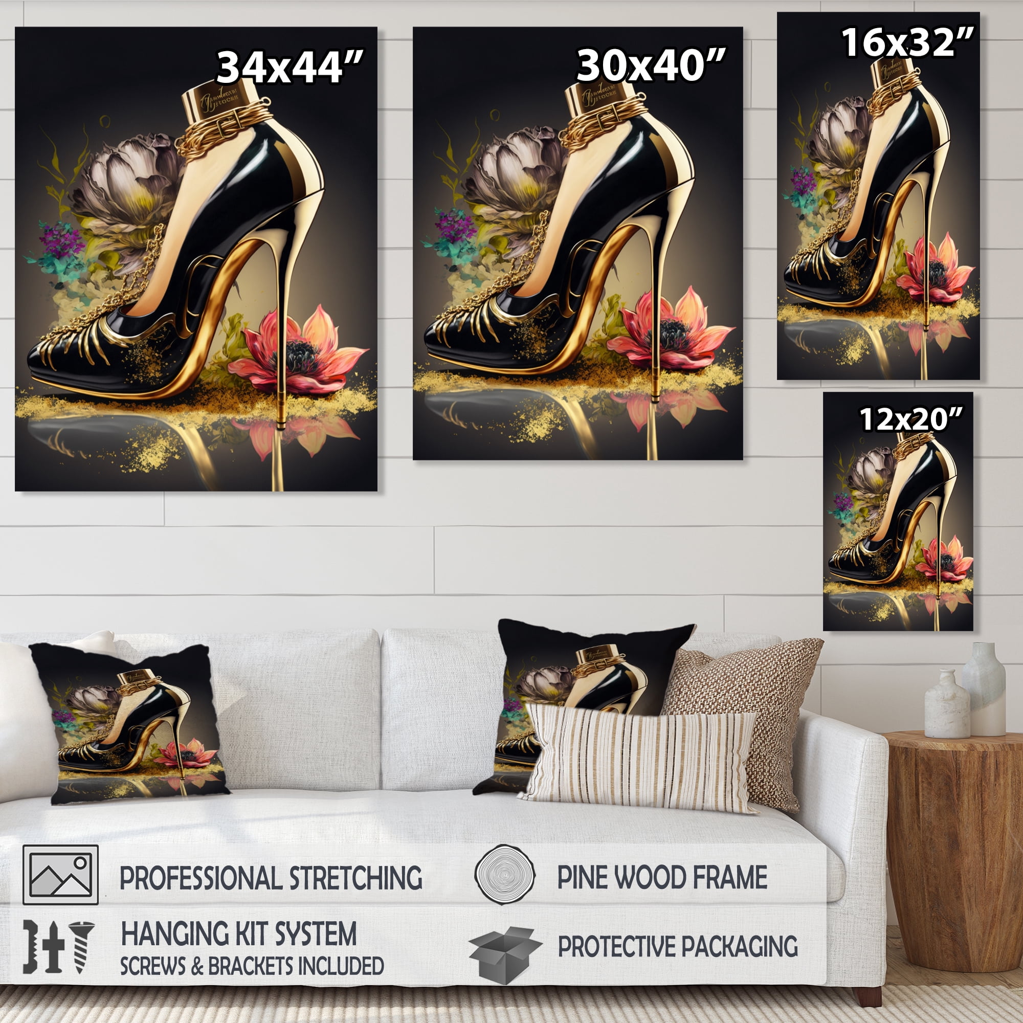 Designart Gold Floral High Heel Shoes I Canvas Wall Art