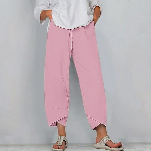 Sakmal Casual Pants for Women Plus Size Straight Leg Irregular Hem Pants Pleated Plain High Waisted Ankle Length Pink Pants
