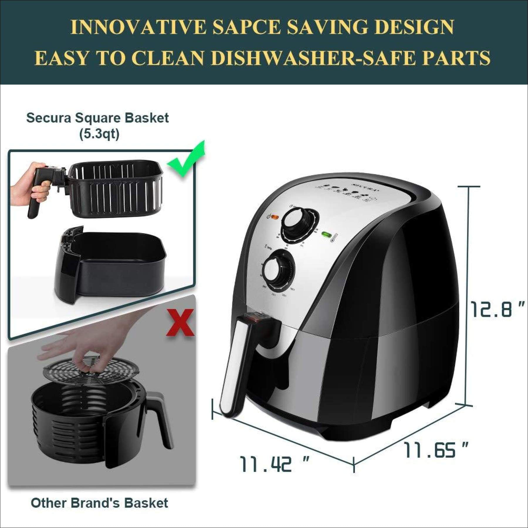 Secura Electric Hot Air Fryer Extra Large Capacity 5.0L / 5.3Qt XL