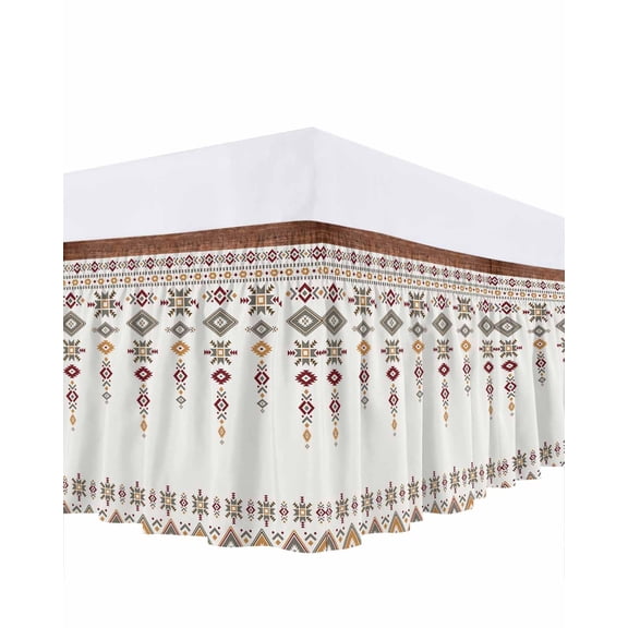 Vintage Southwest Bed Skirt California King Size 16" Drop Brown Boho Geometric Tribal Style Ruffled Wrap Around Bed Skirts Adjustable Elastic Bedskirt Dust Ruffle for California King Size Bed