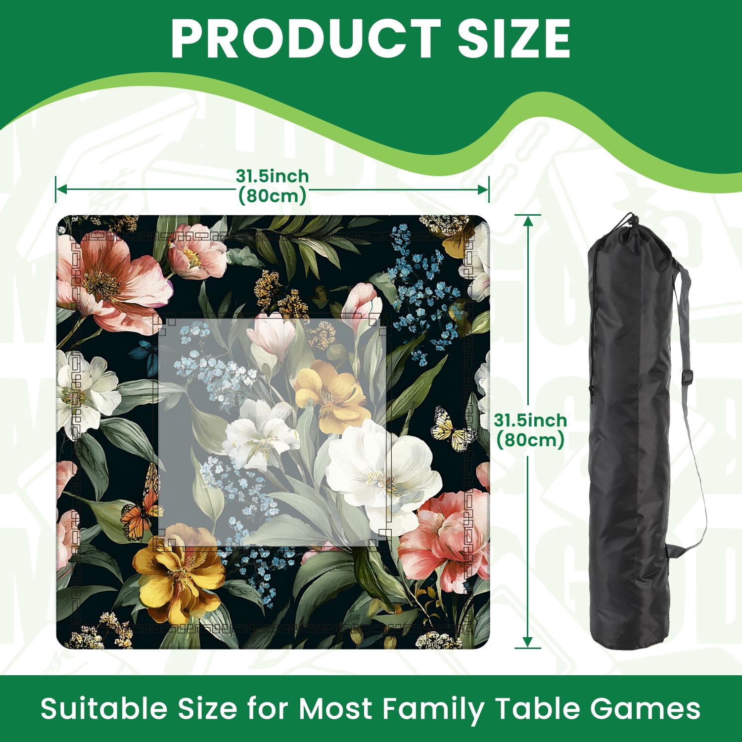 Mahjong Mat 31.5" x 31.5" Seamless watercolor floral pink blush flowers elements green Non-Slip Noise Reduction American Mahjong Tiles Table Cover for Dominoes Poker Card Board Games Gift