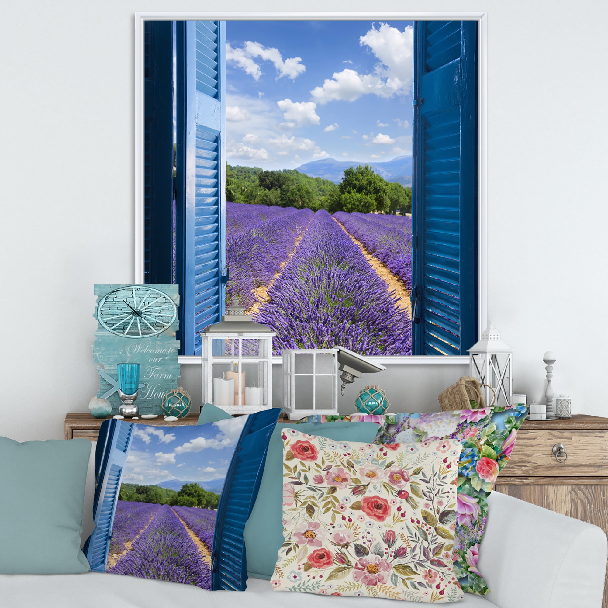 Designart 'View of Lavender Field Through Blue Open Cottage Window' Farmhouse Framed Canvas Wall Art Print