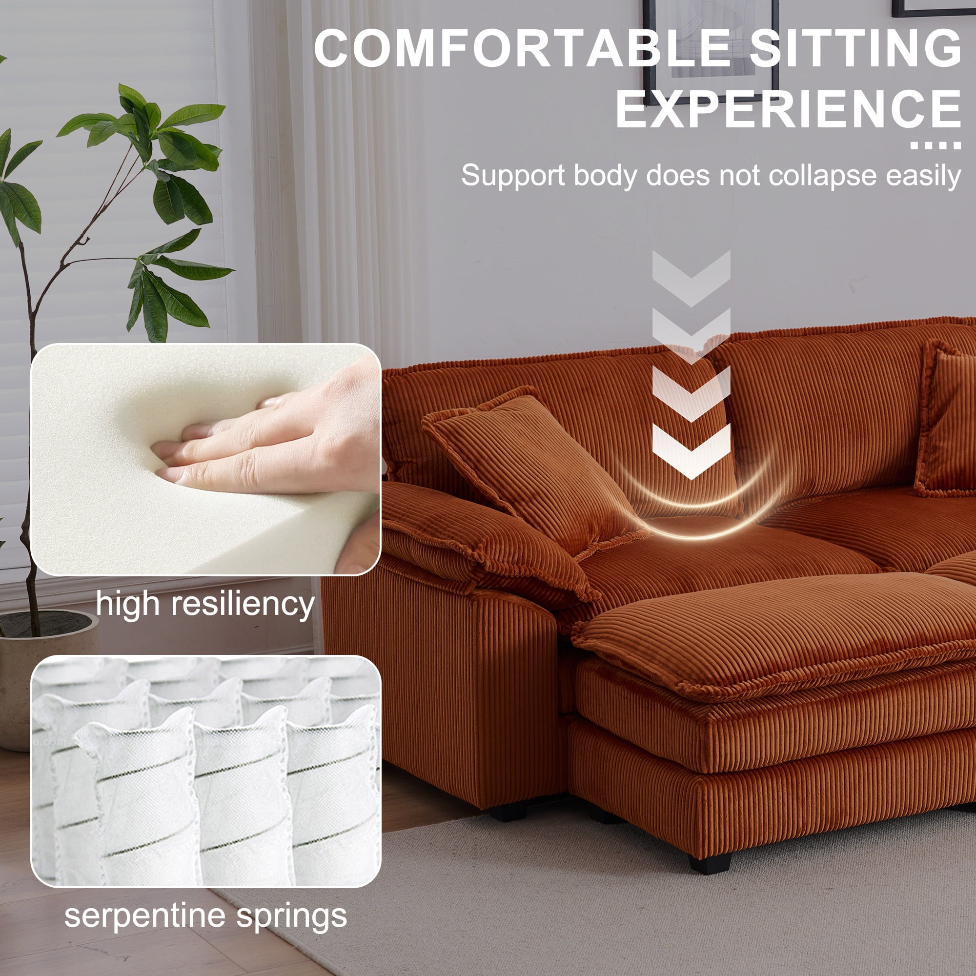 Aukfa Modular Sectional Couch Deep Seat Loveseat Sofa with 2 Ottoman for Living Room, 6 Pillows, Corduroy, Orange