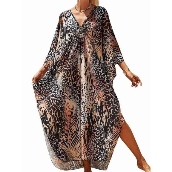 Women Animal Print Kaftan Dresses Plus Size Swimsuit Coverup 2025 Summer Bathing Suit Beach Dress LeopardPoint One Size