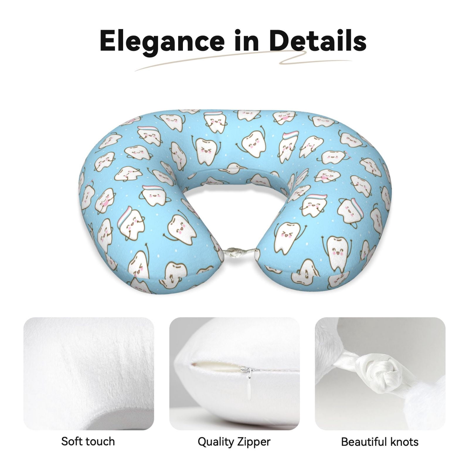 Xecao Cute Teeth Print Memory Foam Cervical Neck Pillow Versatile U-Shaped Pillows for Home,Office,Camping,Travelling,Soft Washable Cover
