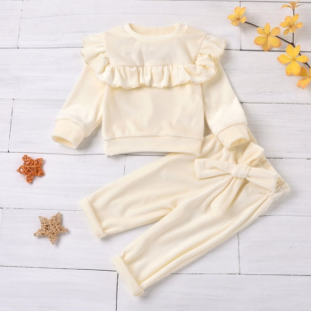 LSLJS Toddler Kids Girls Cotton Cute Ruffle Bow Belt Solid Color Two-Piece Set, Kids Outfits