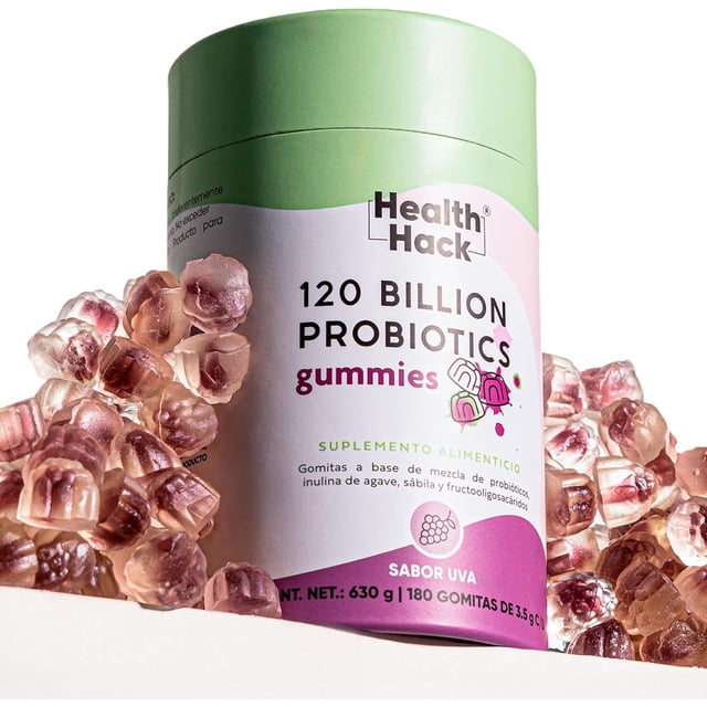 Probióticos en Gomitas Health Hack 120 Billones UFC 14 Cepas con Prebióticos Inulina FOS y Enzimas Digestivas Vegano Sin Azúcar Sabor Uva 180 Gomitas