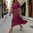 thumbnail image 6 of Women's Short Sleeve Dresses with Pockets Plus Size Multi-Color Satin Zipper V-Neck Dress, 6 of 9
