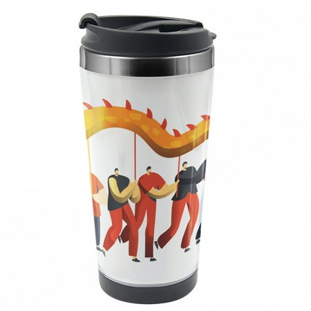 

Dragon Travel Mug Men in a Chinese Parade Art Steel Thermal Cup 16 oz by Ambesonne