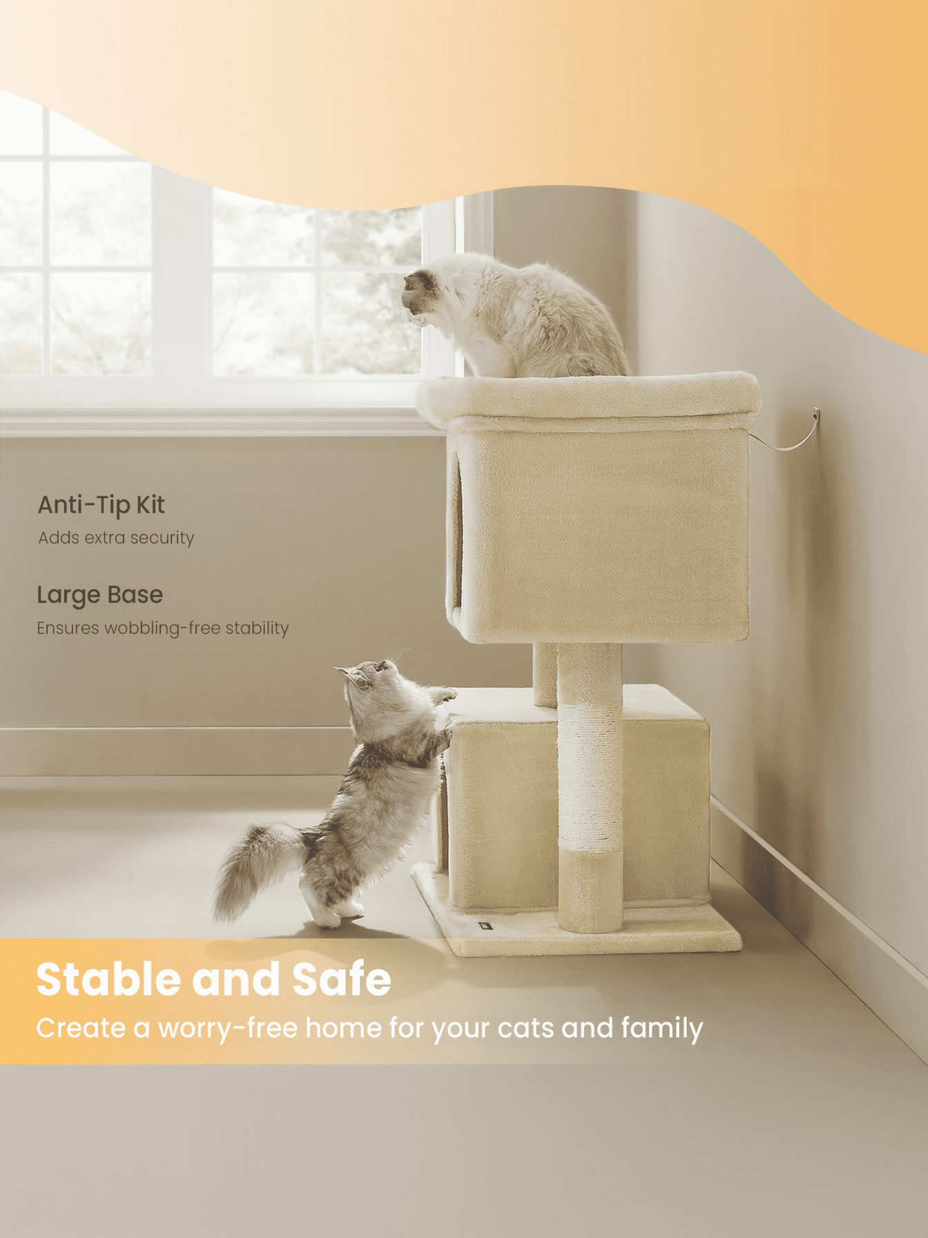 LEDREM 40.6-Inch Cat Tree Tower for Extra Large Cats up to 44 lb, Plush Condo with Large Perch & 3 Caves, Scratching Posts, Beige