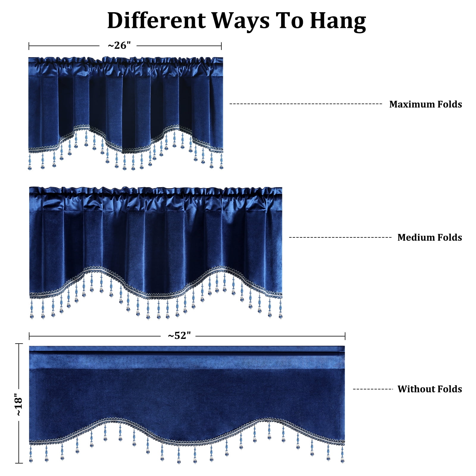 VOGOL Blue Velvet Scalloped Window Valance with Beaded Trim, Elegant Decorative Curtain Topper for Living Room Bedroom