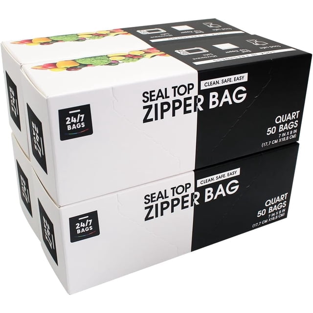 Sacs 24/7 - Sacs de Rangement à Double Fermeture Éclair, Format Quart, 200 Unités (4 Paquets de 50)
