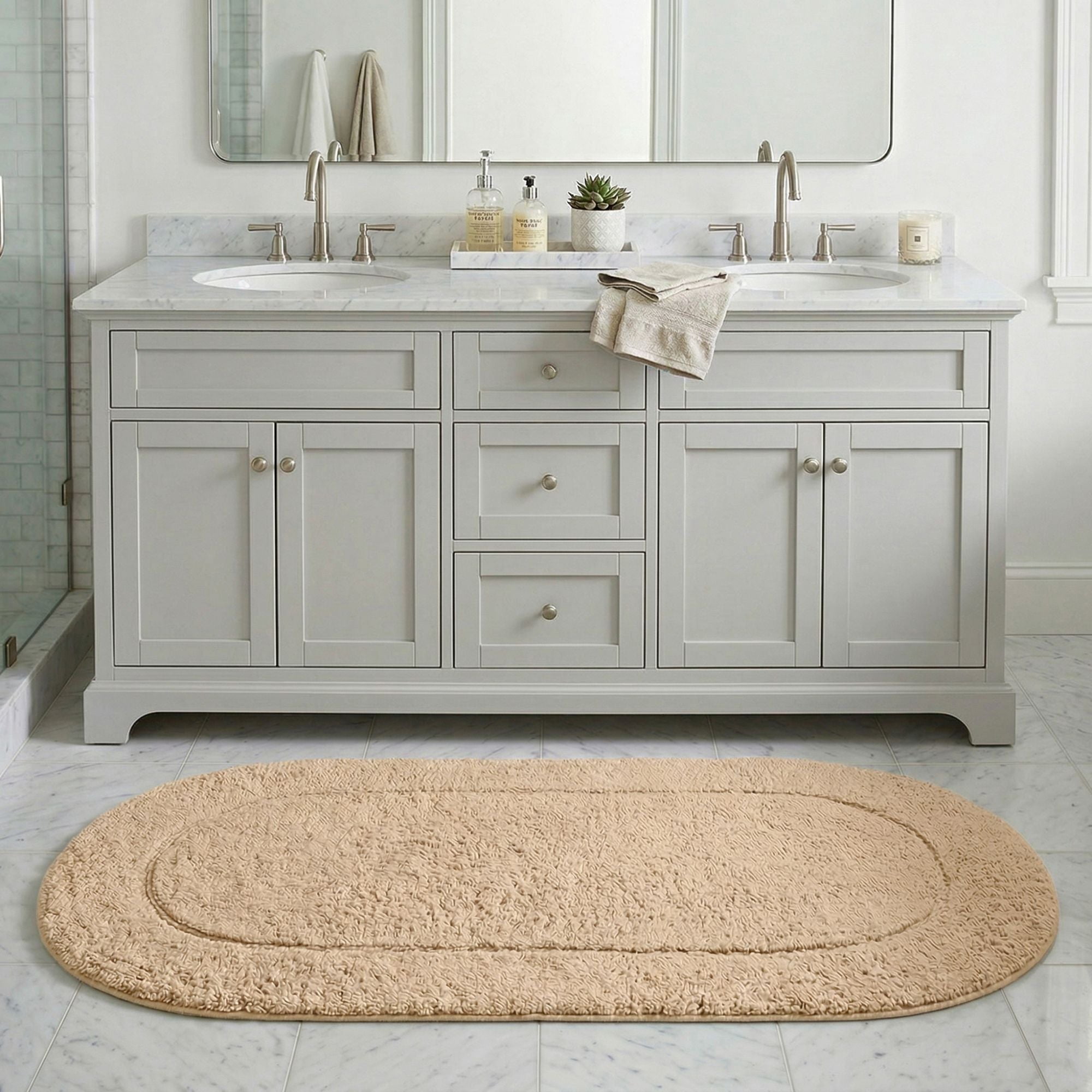 Superior Oval Bordered Cotton Washable Non-Slip Bath Rug, Runner Size, Ivory