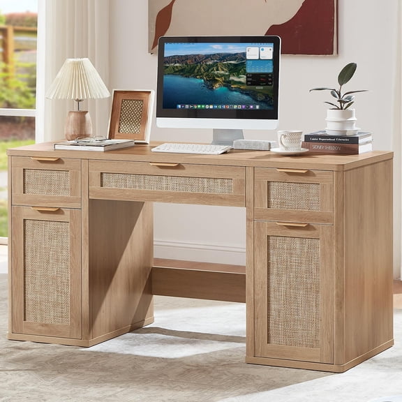 LELELINKY 56" Rattan Office Desk with 5 Drawers & Storage, Wood Computer Work Table for Home Office, Bedroom, Natural
