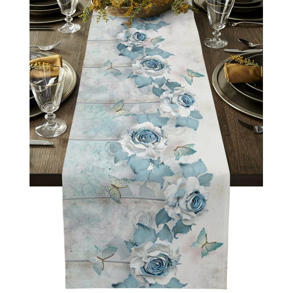 Table Runner Dresser Scarves 48 Inch Long, Spring Garden Blue Flower with Butterfly Linen Dining Table Runners Watercolor Floral and Marble Stone Tabletop Scarf for Wedding Holiday Party Kitchen