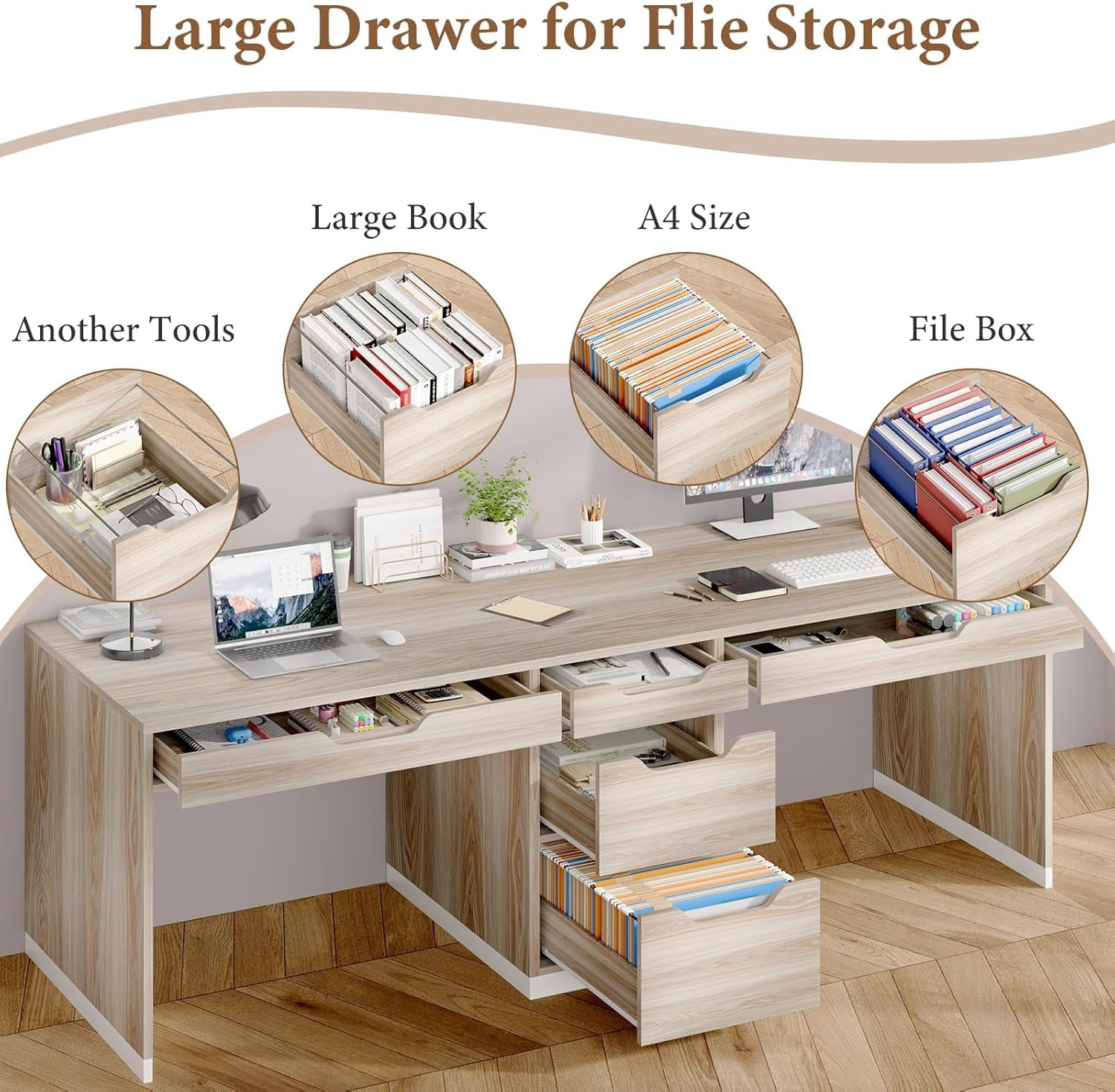 DreamCurship 78 inch Two Person Desk with 5 Drawers, Computer Desk with Storage for 2 People, Home Office Workstation Desk, Modern Writing Table, White and Walnut